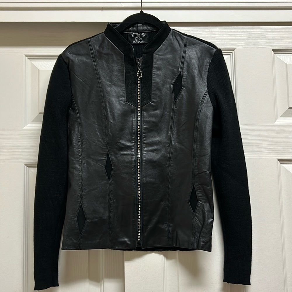 Leather, wool blend and rhinestone sweater.